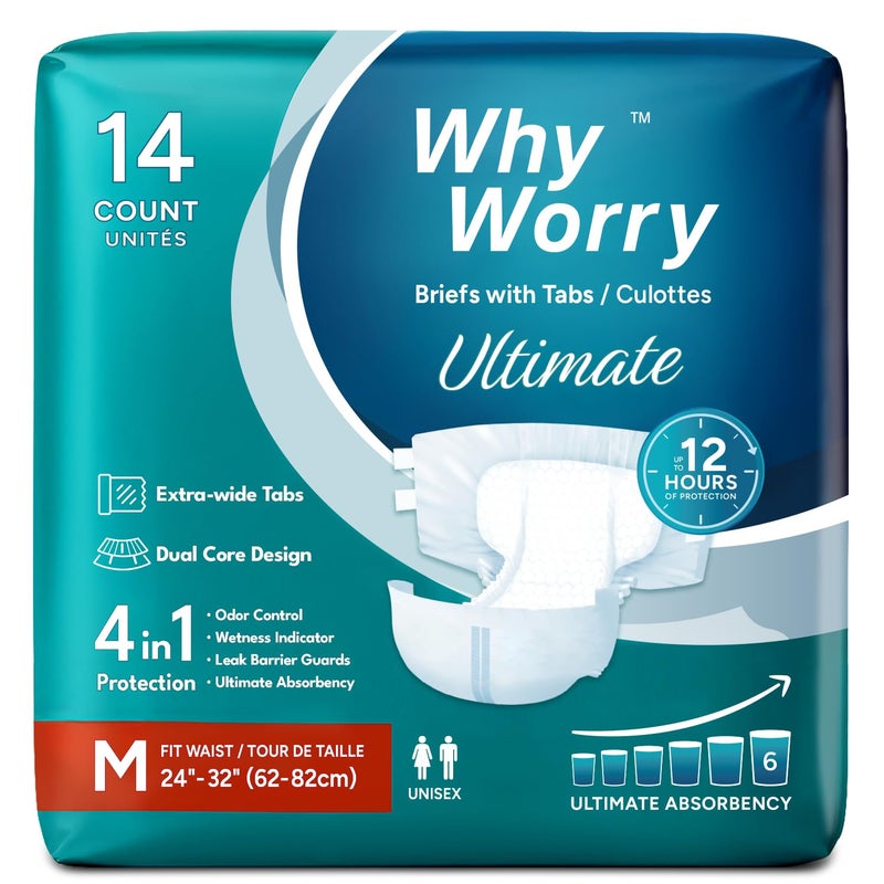 WhyWorry Ultimate Adult Nappies for Men & Women, Disposable Adult Diapers for Incontinence with Ultimate Absorbency, Incontinence Slip for Overnight Protection, Unisex, Odor Control, Medium, 14 Count
